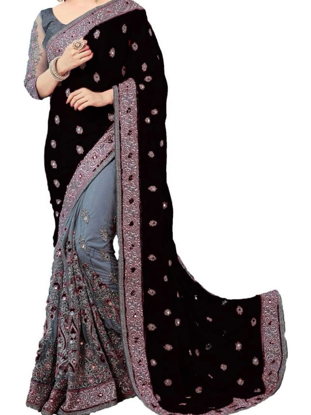 Black and Dusty Grey Embroidered Saree with Silver Mirrors and Gold Accents